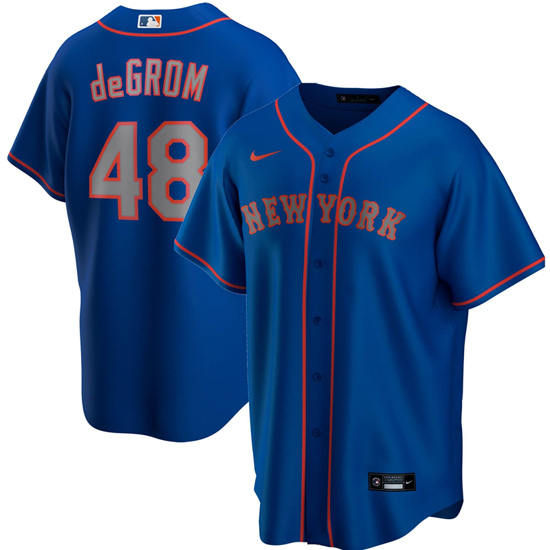 2020 MLB Men New York Mets 48 Jacob deGrom Nike Royal Alternate Road 2020 Replica Player Jersey 1